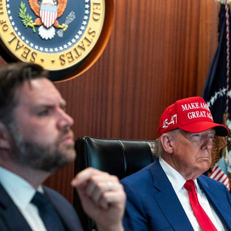 U.S. President Donald Trump holds a meeting alongside Vice President J.D. Vance in the Situation Room at the White House in Washington, D.C., U.S. June 21, 2025.