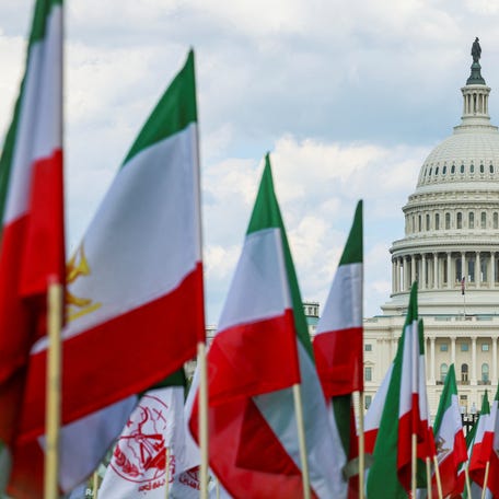 Iranian flags are displayed on the National Mall near the U.S. Capitol as part of a demonstration organized by activists who support regime change by the people of Iran, in Washington, D.C., U.S., June 20, 2025. REUTERS/Kevin Mohatt