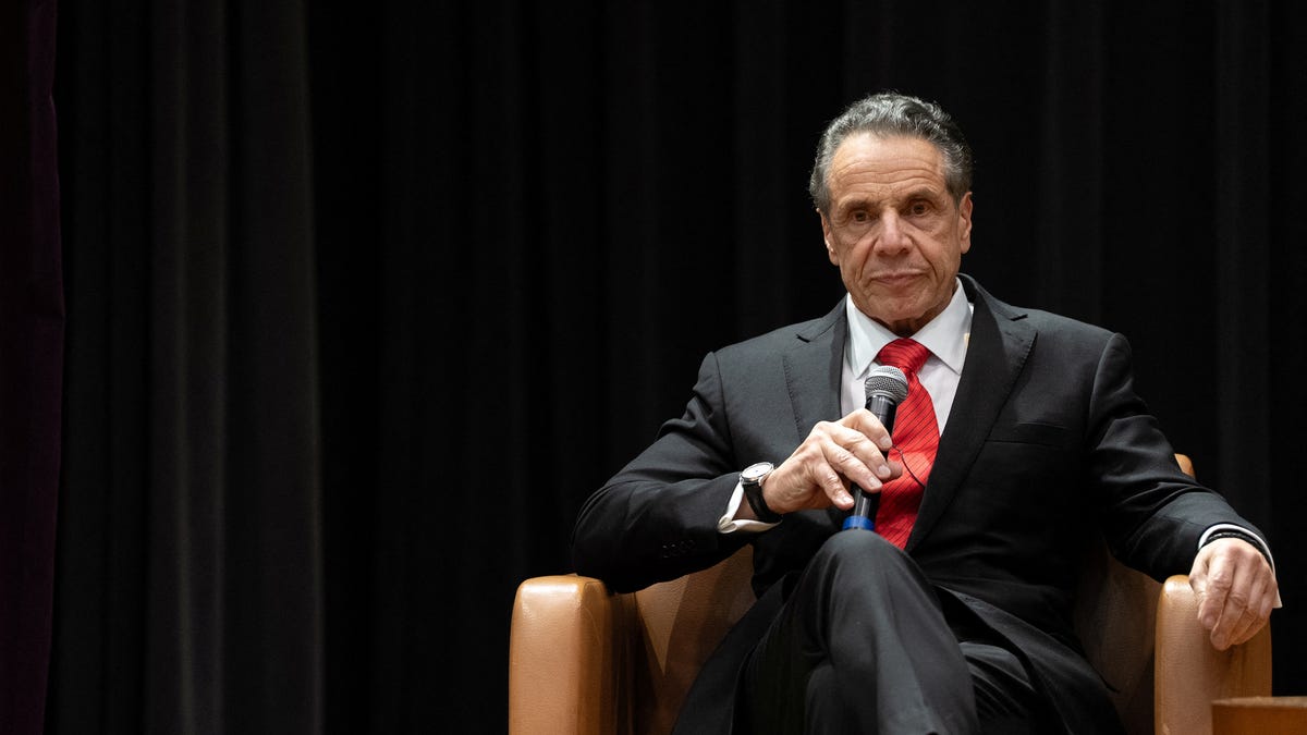 Mayoral candidate Andrew Cuomo sits on stage after protestors interrupted his speech during a Democratic mayoral forum at Medgar Evers College in New York City, U.S., April 23, 2025. REUTERS/David 'Dee' Delgado