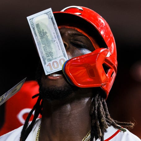 Jun 23, 2025; Cincinnati, Ohio, USA; Cincinnati Reds shortstop Elly De La Cruz (44) reacts after hitting a solo home run in the eighth inning against the New York Yankees at Great American Ball Park. Mandatory Credit: Katie Stratman-Imagn Images