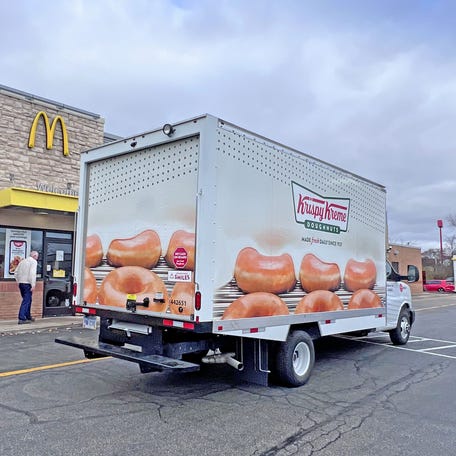 The Krispy Kreme Doughnuts truck makes a delivery to a McDonalds in Mansfield, Ohio on Nov. 12, 2024