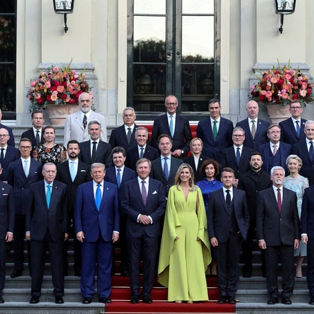 Turkey's President Tayyip Erdogan, U.S. President Donald Trump, Dutch King Willem-Alexander and Dutch Queen Maxima, France's President Emmanuel Macron, Italian Prime Minister Giorgia Meloni, Canadian Prime Minister Mark Carney, Ukraine's President Volodymyr Zelenskiy, Britain's Prime Minister Keir Starmer, Greek Prime Minister Kyriakos Mitsotakis, Danish Prime Minister Mette Frederiksen, Sweden's Prime Minister Ulf Kristersson, German Chancellor Friedrich Merz, Slovakia's President   Peter Pellegrini, Spanish Prime Minister Pedro Sanchez, Poland's outgoing President Andrzej Duda, European Commission President Ursula von der Leyen and European Council President Antonio Costa, NATO Secretary General Mark Rutte and NATO heads of state and governments pose for a picture ahead of a dinner hosted by Dutch King Willem-Alexander and Dutch Queen Maxima, on the sidelines of a NATO Summit, at Huis ten Bosch Palace in The Hague, Netherlands June 24, 2025.