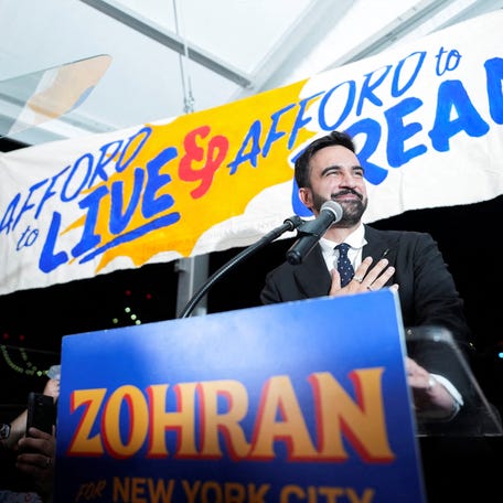 Zohran Mamdani gestures as he speaks during a watch party for his primary election in New York City, U.S., June 25, 2025. REUTERS/David 'Dee' Delgado