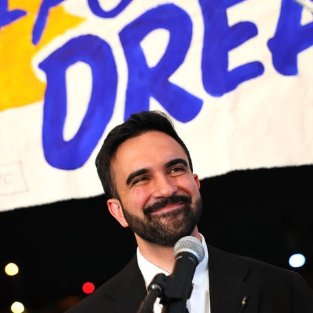 State Assemblyman Zohran Mamdani celebrates winning New York City's Democratic primary in the mayor race on June 24, 2025.