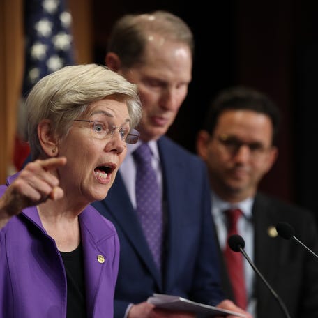 WASHINGTON, DC - Sen. Elizabeth Warren (L) (D-MA) speaks during a press conference with Senate Democrats on Social Security at the U.S. Capitol on April 01, 2025 in Washington, DC.