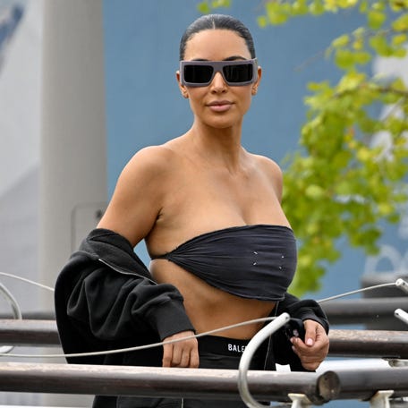 Kim Kardashian walks to board a taxi boat at Venice Marco Polo airport ahead of Jeff Bezos' wedding on June 26, 2025.