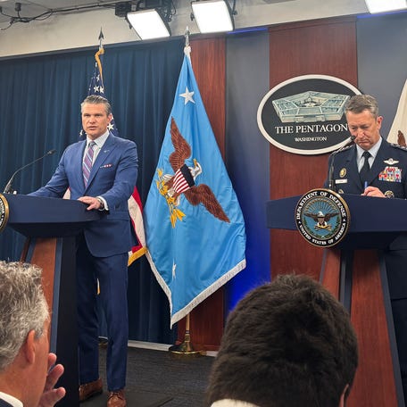 U.S. Defense Secretary Pete Hegseth and Chairman of the Joint Chiefs of Staff Air Force General Dan Caine, speak during a press conference at the Pentagon in Arlington, Virginia, U.S., June 26, 2025. REUTERS/Idrees Ali