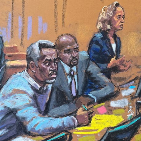 Sean "Diddy" Combs attends a charge conference with his defense lawyers Nicole Westmoreland, Brian Steel, Xavier R. Donaldson and Alexandra Shapiro during Combs' sex trafficking trial in New York City, New York, June 25, 2025 in this courtroom sketch.