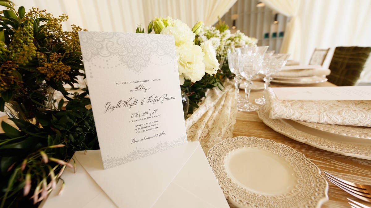 Gift bags, paper goods and table decor are showcased at Mindy Weiss for Wedding Paper Divas Bridal Stationery Collection Launch Event at the Lombardi House in Los Angeles on February 25, 2015.