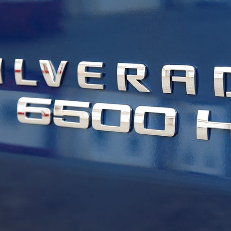 The nameplate is seen on the side of a 2019 Chevrolet Silverado 6500 HD Chassis Cab truck in Flint, Michigan, U.S., October 17, 2018.