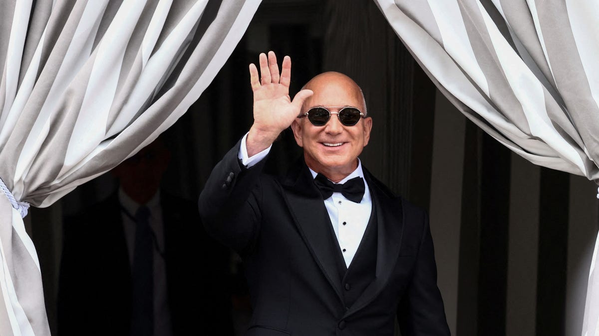 Jeff Bezos leaves Aman Venice hotel, on the second day of the wedding festivities of Bezos and journalist Lauren Sanchez, in Venice, Italy on June 27, 2025.