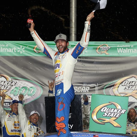 June 28: Chase Elliott celebrates in victory lane after winning the Quaker State 400 at EchoPark Speedway.