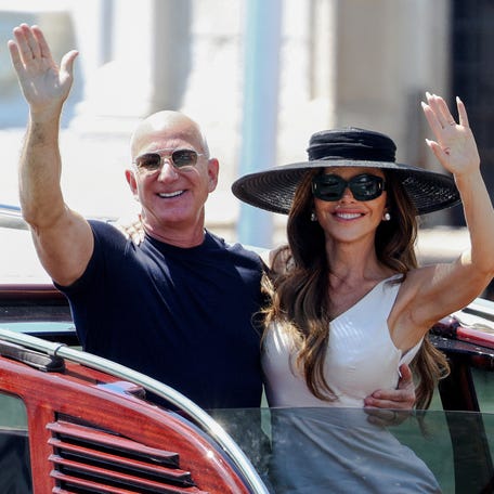 Amazon founder Jeff Bezos and new wife Lauren Sánchez Bezos leave the Aman Venice hotel, in Venice, Italy, on June 29, 2025.