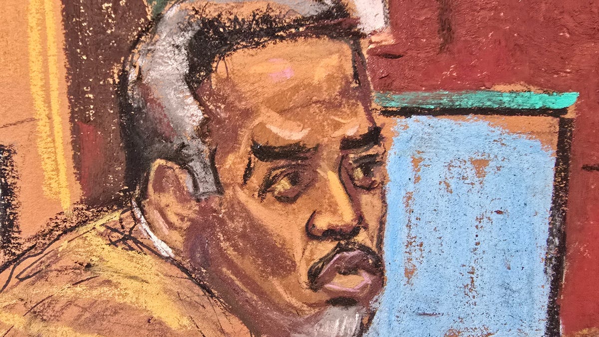 In a courtroom sketch, Sean "Diddy" Combs passes a note to his attorney Marc Agnifilo during Combs' sex trafficking trial in New York City on June 30, 2025.