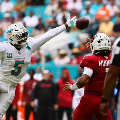 Oct 27, 2024; Miami Gardens, Florida, USA; Miami Dolphins cornerback Jalen Ramsey (5) block a pass from Arizona Cardinals quarterback Kyler Murray (1) during the first quarter at Hard Rock Stadium. Mandatory Credit: Sam Navarro-Imagn Images