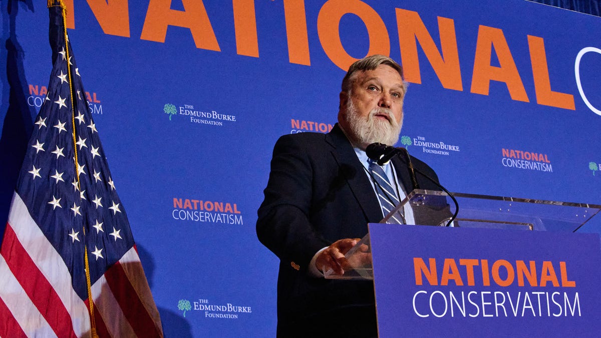 Pastor Douglas Wilson, co-founder of the Communion of Reformed Evangelical Churches, speaks at the National Conservative Conference in Washington D.C., on July 9, 2024.