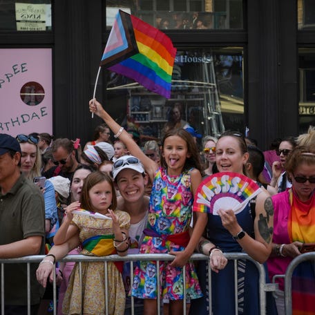 New Yorkers wave flags while watching the 2025 NYC Pride March, Jun 29, 2025, NYC, NY, USA. Yannick Peterhans/NorthJersey.com