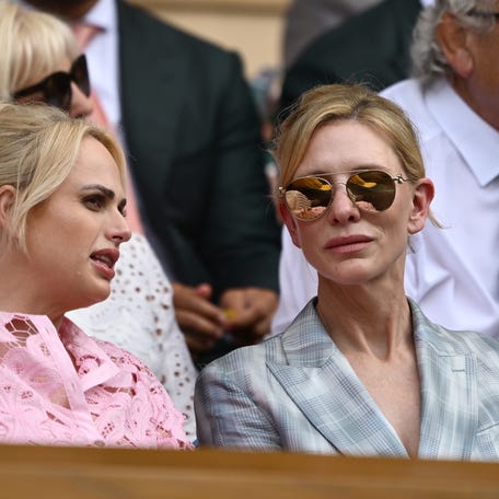 Actresses Rebel Wilson and Cate Blanchett are seen in the Royal Box prior to Ladies' Singles first round match between Barbora Krejcikova of Czechia and Alexandra Eala of Philippines on day two of The Championships Wimbledon 2025 at All England Lawn Tennis and Croquet Club on July 1, 2025 in London.
