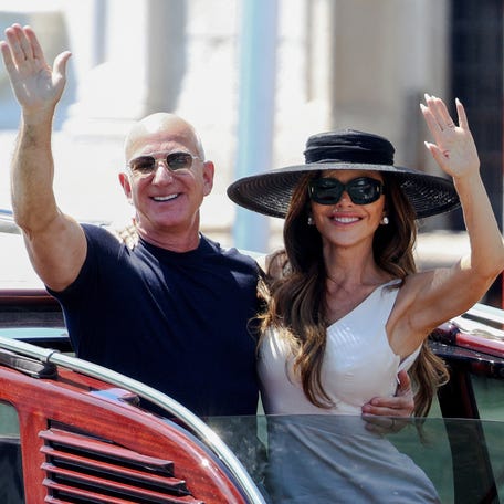 Amazon founder Jeff Bezos and his wife Lauren Sánchez Bezos leave the Aman Venice hotel in Venice, Italy, June 29, 2025.