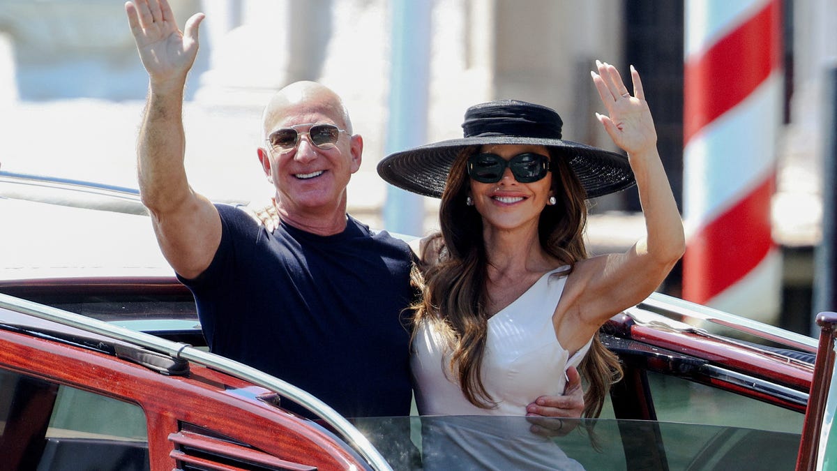Amazon founder Jeff Bezos and his wife Lauren Sánchez Bezos leave the Aman Venice hotel in Venice, Italy, June 29, 2025.