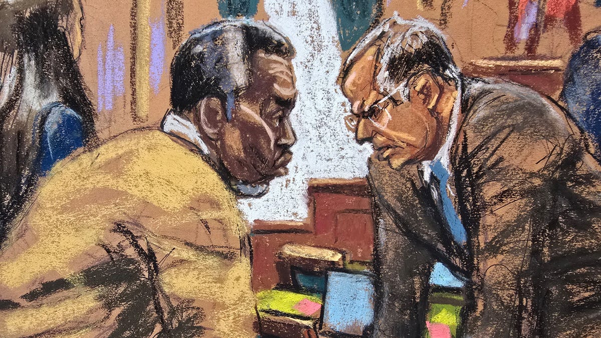 In a courtroom sketch, Sean "Diddy" Combs, left, and his attorney Marc Agnifilo discuss how to respond to a new note sent by jurors during Combs' sex trafficking trial in New York City on July 1, 2025.