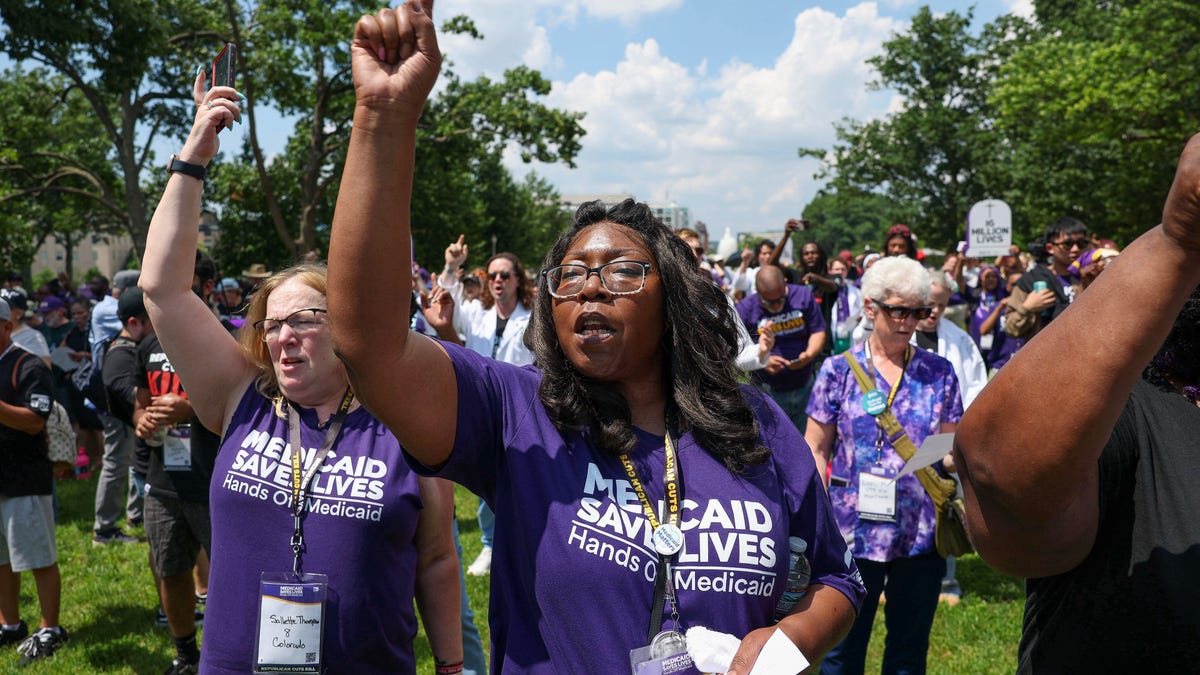 Care workers with the Service Employees International Union (SEIU) chant, rally outside the US Capitol on June 26, 2025 in Washington, DC.