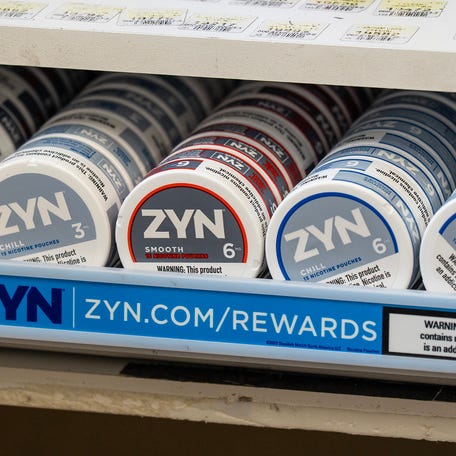 Nicotine pouches behind the counter at Boski's Market June 27.
