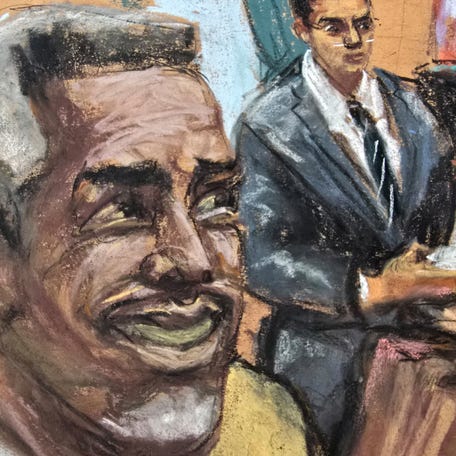 Sean "Diddy" Combs reacts as the courtroom deputy reads verdicts of the five counts against him, during Combs' sex trafficking trial in New York City, New York, U.S., July 2, 2025 in this courtroom sketch. REUTERS/Jane Rosenberg