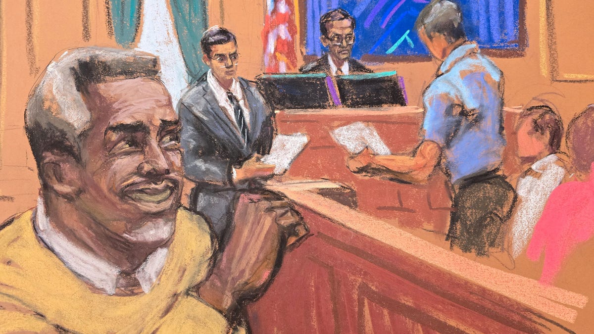 Sean "Diddy" Combs reacts as the jury foreperson and courtroom deputy read verdicts before U.S. District Judge Arun Subramanian of the five counts against him, during Combs' sex trafficking trial in New York City, July 2, 2025 in this courtroom sketch.
