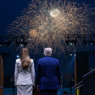President Donald Trump and First Lady Melania Trump watch fireworks after the Army 250th Anniversary Parade in Washington, DC on June 14, 2025.