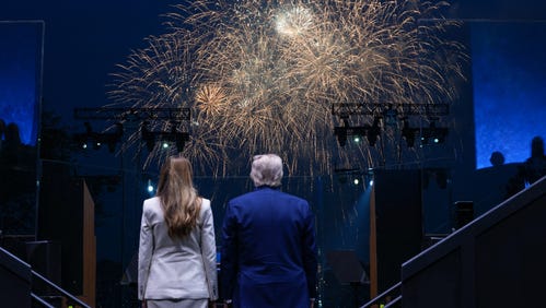 President Donald Trump and First Lady Melania Trump watch fireworks after the Army 250th Anniversary Parade in Washington, DC on June 14, 2025.