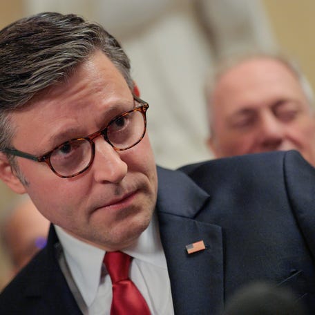 Speaker of the House Mike Johnson (R-LA) talks with reporters before heading to the House Chamber for a procedural vote on the One, Big, Beautiful Bill Act at the U.S. Capitol on July 02, 2025 in Washington, DC.