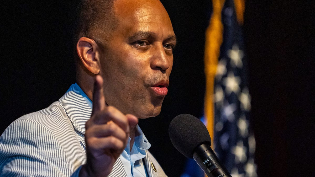U.S. Rep. Hakeem Jeffries, house minority leader, speaks during a town hall at Rancho Mirage High School in Rancho Mirage, Calif., Saturday, May 3, 2025.