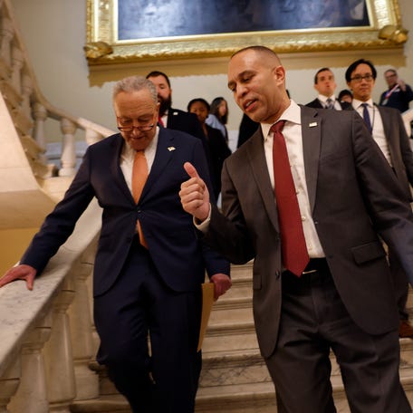 Senate Minority Leader Charles Schumer, left, and House Minority Leader Hakeem Jeffries at the U.S. Capitol on Feb. 4, 2025, in Washington, DC.