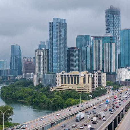 In an aerial view, traffic is seen on Interstate 35 in Austin, Texas, on July 3, 2025.
