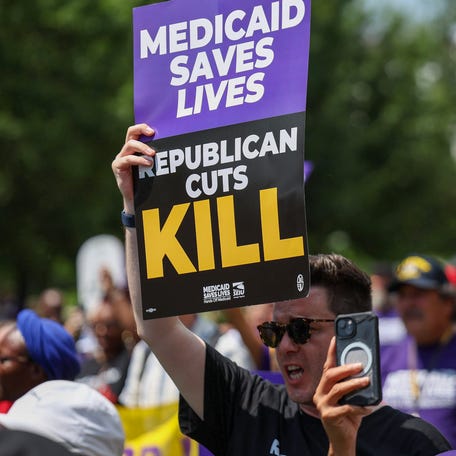 WASHINGTON, DC - JUNE 26: Care workers with the Service Employees International Union (SEIU)Â  chant, rally outside the US Capitol on June 26, 2025 in Washington, DC. They came to denounce the impact to patients, families and workers if Republicans cut Medicaid, healthcare and SNAP to pay for tax cuts for the wealthy.Â  (Photo by Tasos Katopodis/Getty Images for SEIU)