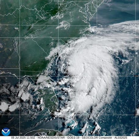 Tropical Storm Chantal is seen on satellite on the morning of July 5 and was expected to make landfall in the Carolinas on the morning of July 6.