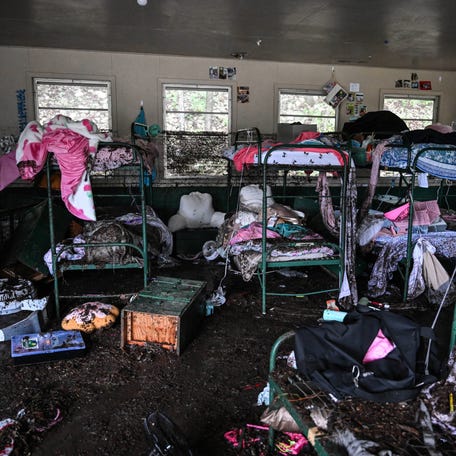 A view inside of a cabin at Camp Mystic, the site of where over two dozen girls went missing after flash flooding in Hunt, Texas, on July 5, 2025, after torrential rains caused devastating flooding that killed at least 27 people.