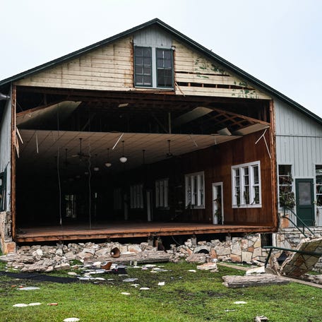 A view of a damaged building at Camp Mystic.