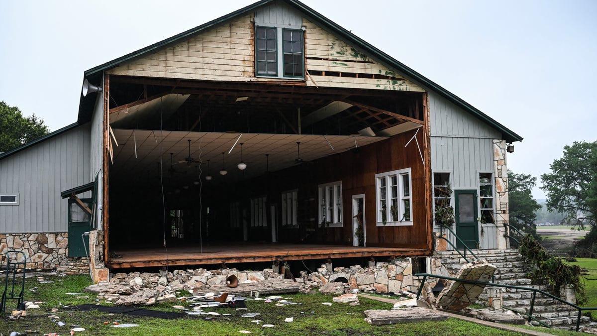 A view of a damaged building at Camp Mystic.