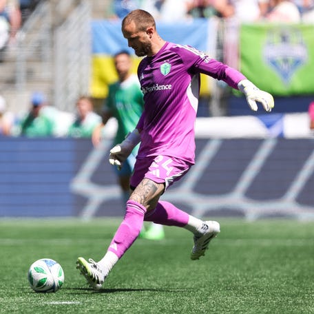 Seattle Sounders FC goalkeeper Stefan Frei (24) kicks the ball during the first half against Columbus Crew at Lumen Field in Seattle, Washington on July 6, 2025.