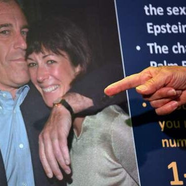 In this file photo taken on July 2, 2020 a photo of Ghislaine Maxwell and Jeffrey Epstein is seen as acting US Attorney for the Southern District of New York, Audrey Strauss, announces charges against Maxwell during a press conference in New York City.