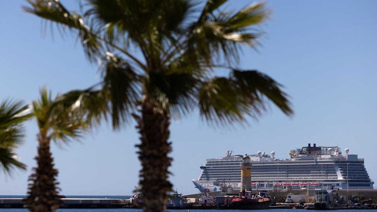 The Norwegian cruise ship Norwegian Breakaway is seen moored off the coast of Cannes during the Cannes International Series Festival in southern France on April 24, 2025.