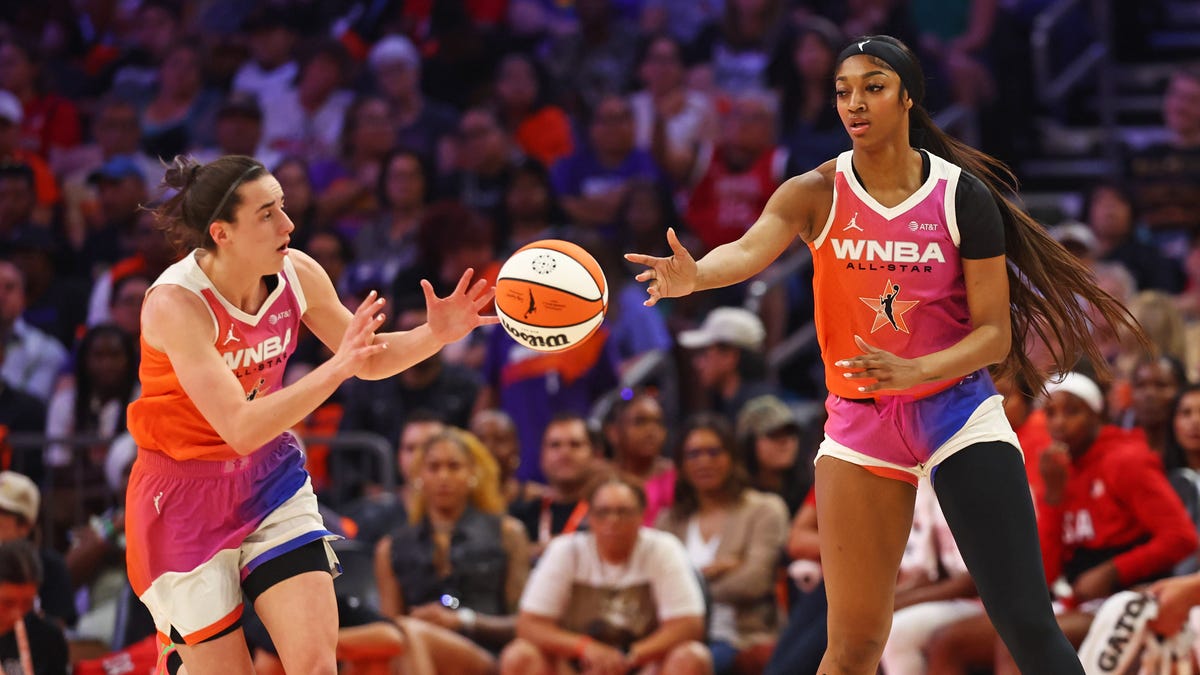 Caitlin Clark, left, and Angel Reese, right, played together when the WNBA All-Stars defeated the 2024 USA Olympic team on July 20, 2024.