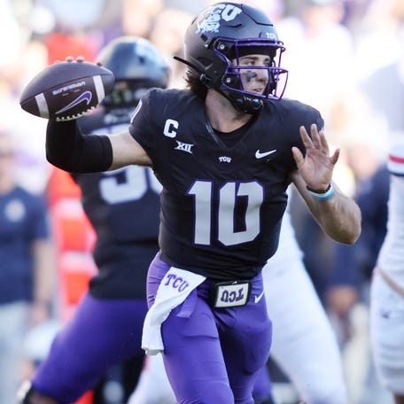 TCU quarterback Josh Hoover (10) throws a pass against Arizona during their game at Amon G. Carter Stadium.