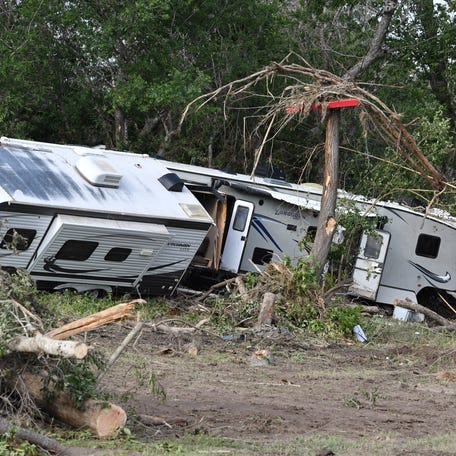 An RV is mangled and destroyed inside the Guadalupe Keys RV Resort, in Center Point, Texas on July 7, 2025 after catastrophic flooding of the Guadalupe River last week.