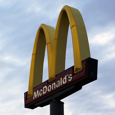The McDonald's logo is displayed at a McDonald's restaurant on October 23, 2024 in Omaha, Nebraska. Nearly 50 people were sickened with E.coli in ten states, with three people hospitalized in the Omaha area, after eating at McDonald's restaurants. The E. coli outbreak has been linked to McDonald's Quarter Pounders, according to the CDC.