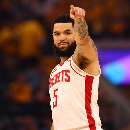 Houston Rockets guard Fred VanVleet points during the first quarter of game four of the 2025 NBA Playoffs first round against the Golden State Warriors at Chase Center on April 28, 2025.