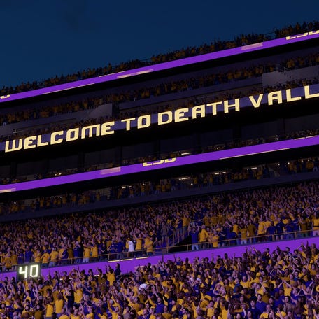 LSU's "Welcome to Death Valley" with purple lights lighting up Tiger Stadium in EA Sports College Football 26.