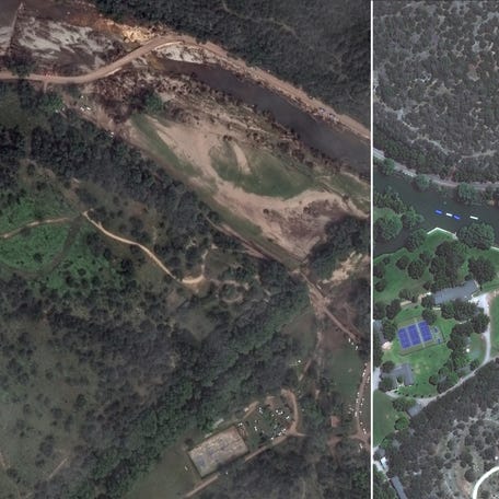 A splitscreen of before and after satellite images show Camp Mystic and the Guadalupe River in Hunt, Texas.